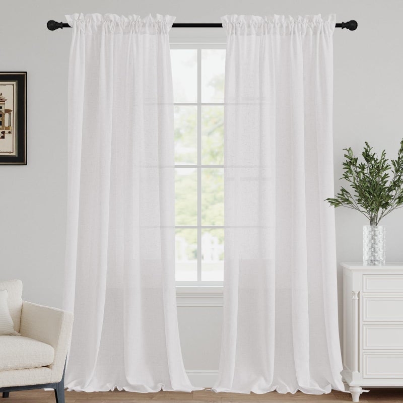 FantasDecor Off White Linen Curtains 96 Inch Length 2 Panels Set Natural Semi Sheer Curtains for Living Room Light Filtering Country Rustic Window Curtain Panels 52 W x 96 L,Off White - Image 1